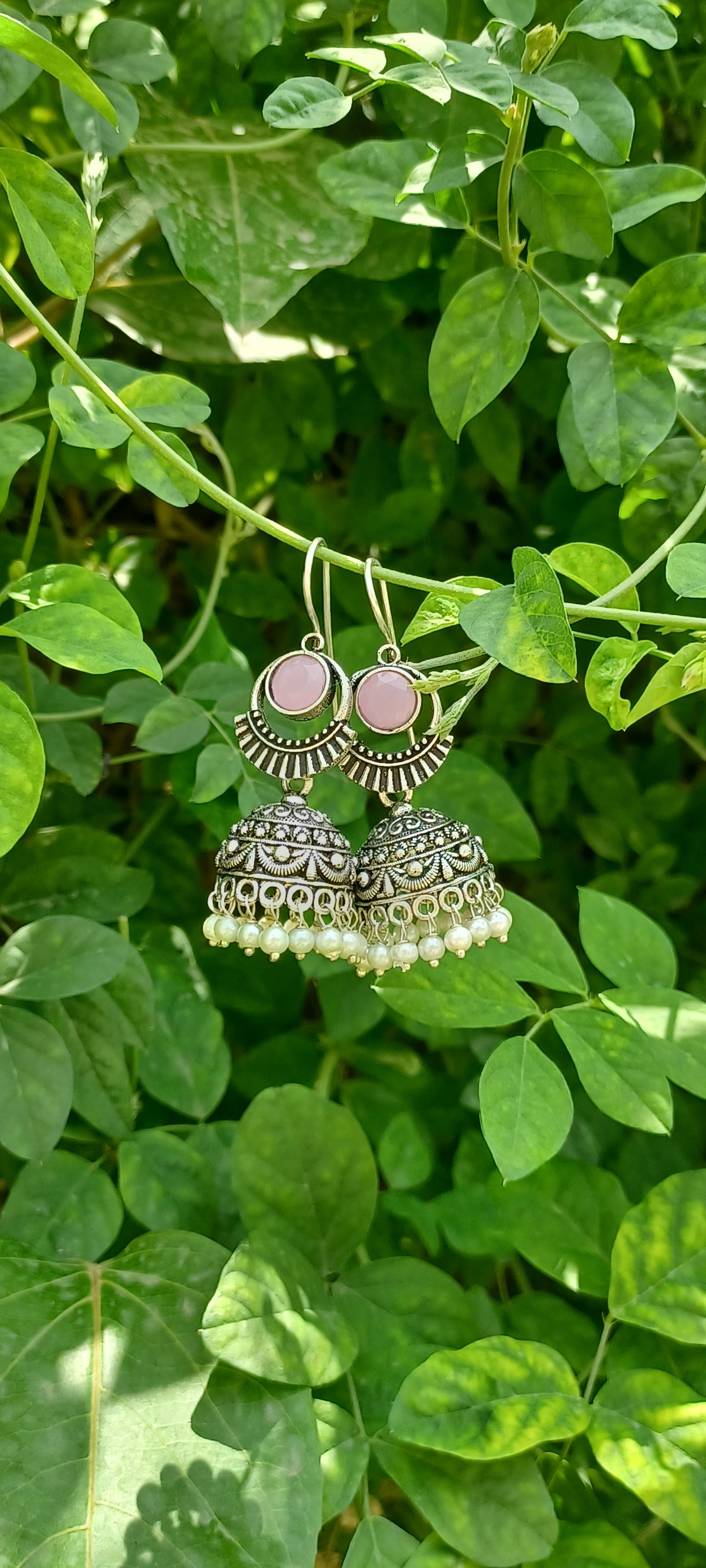 Pink Stone oxidised jhumkas