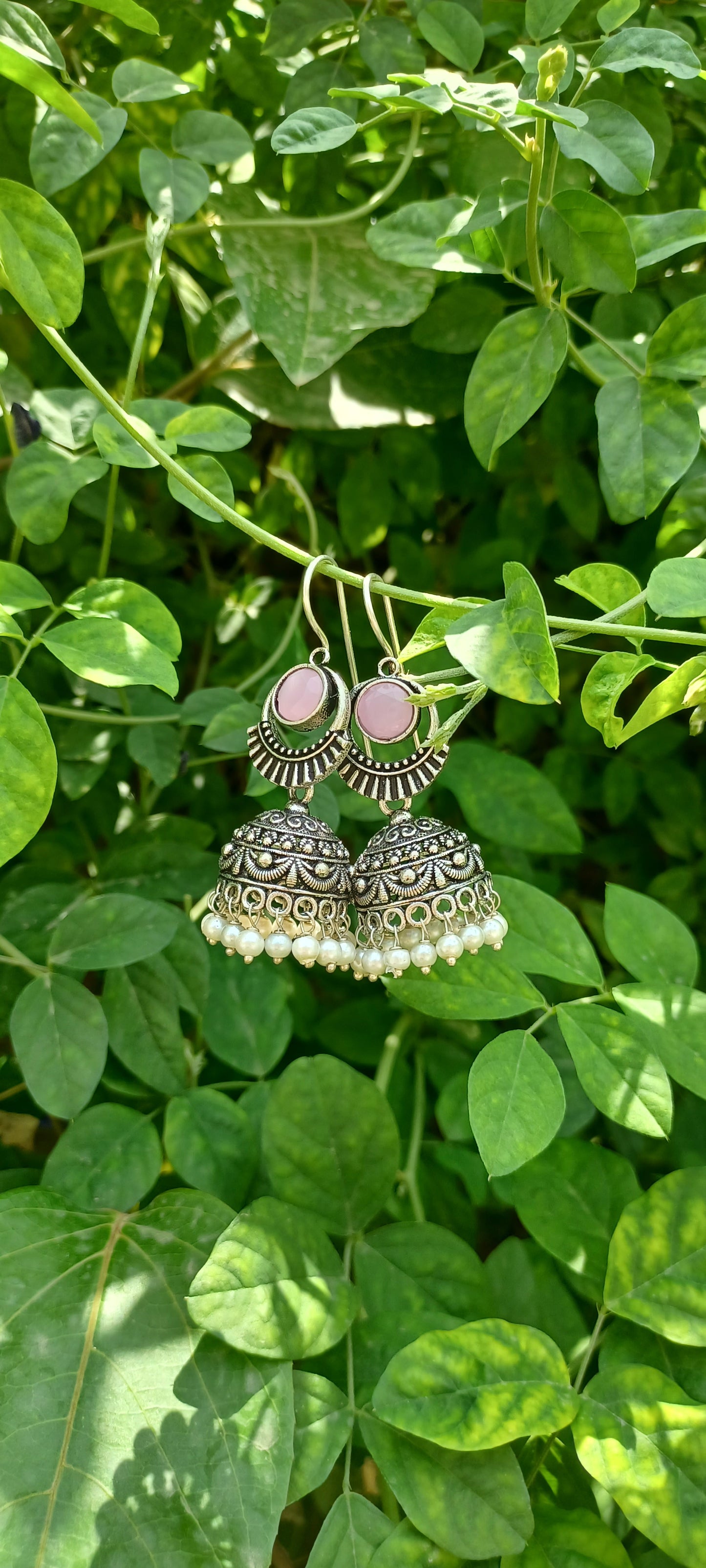 Pink Stone oxidised jhumkas