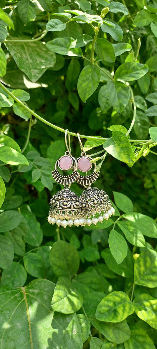 Pink Stone oxidised jhumkas