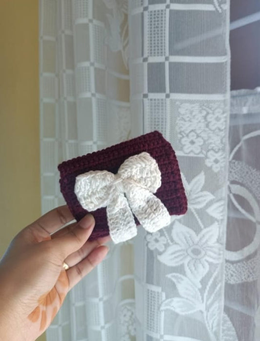 Handmade Crochet Pouch with Bow – Elegant Maroon &amp; White