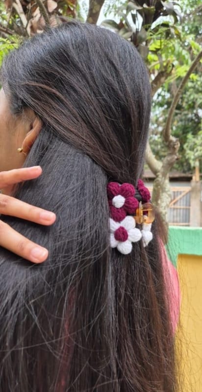 Handmade Crochet Floral Hair Clip – Maroon &amp; White Bloom